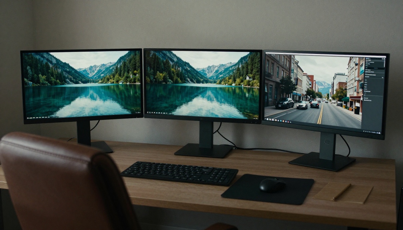 A video editor seen from behind at a desk with three monitors showing paused frames