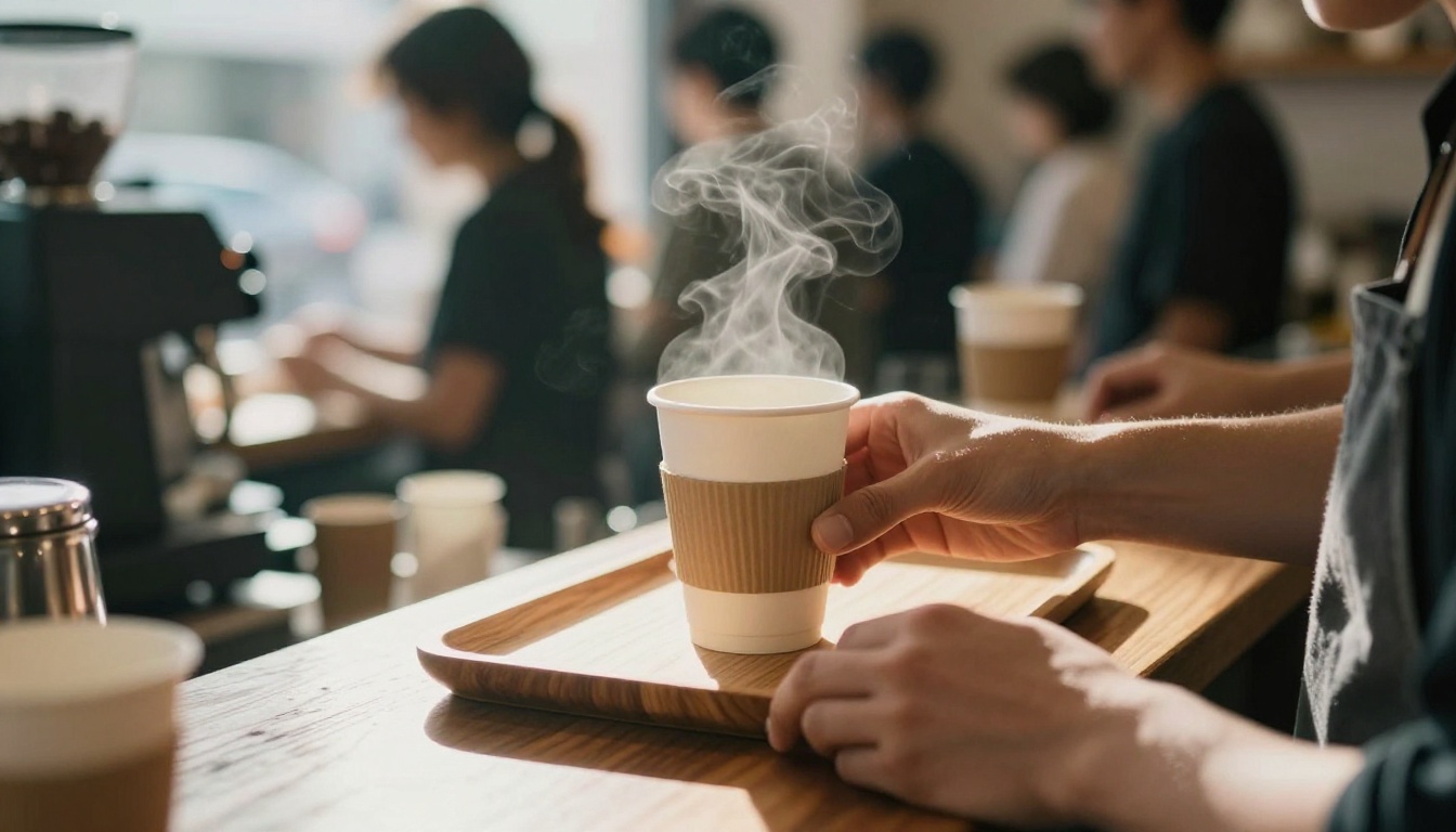 A barista placing the fifth coffee cup on a wooden tray at a cafe counter