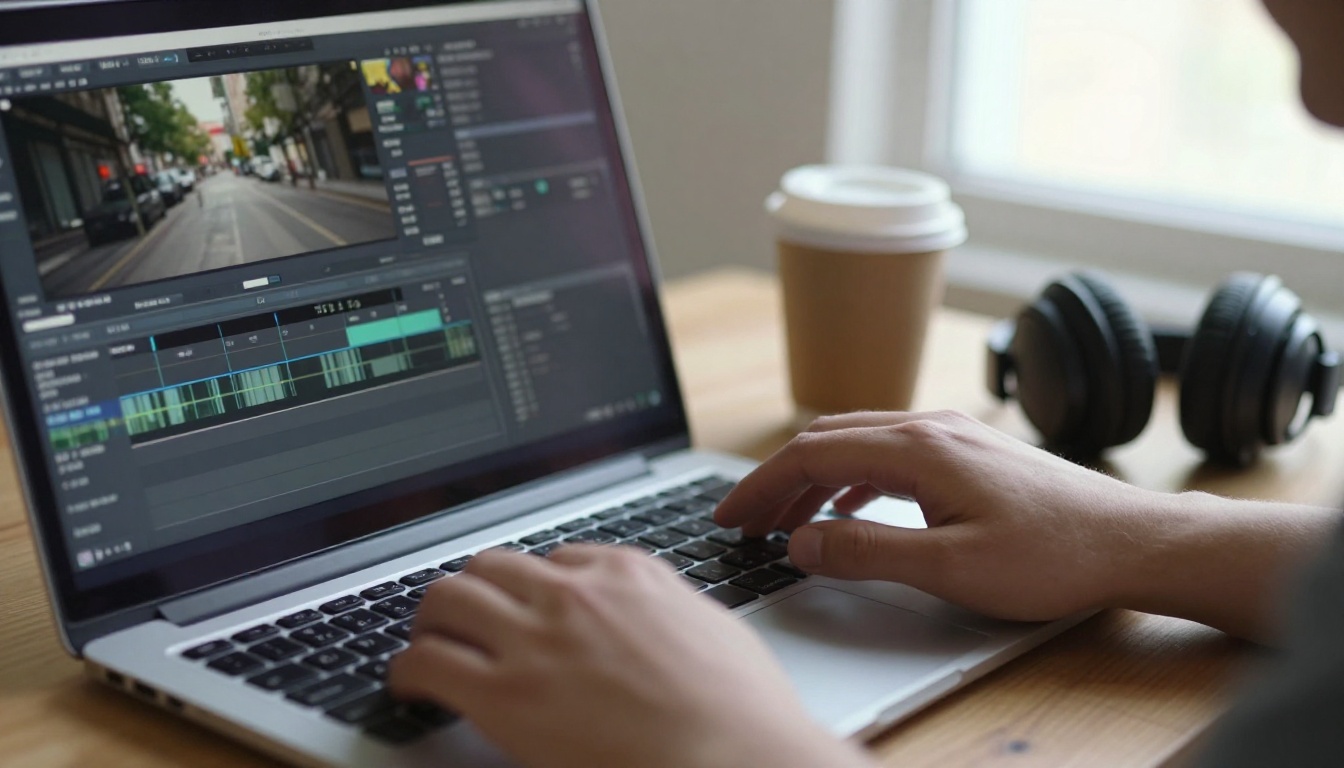 Close-up of an editor's hands scrubbing a timeline of street interview footage