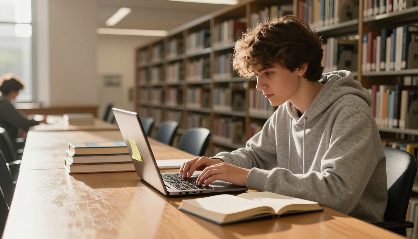 A student working on a laptop at a library table in afternoon light