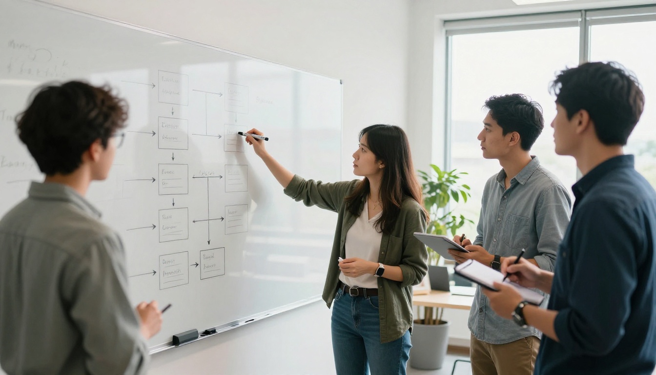 A small team of developers planning an integration in front of a whiteboard
