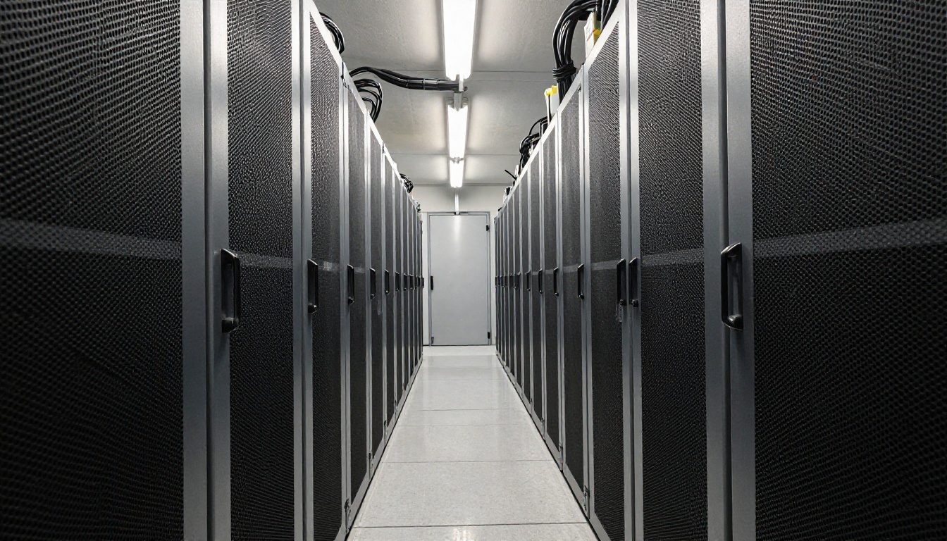 A narrow aisle of server racks in a data hall