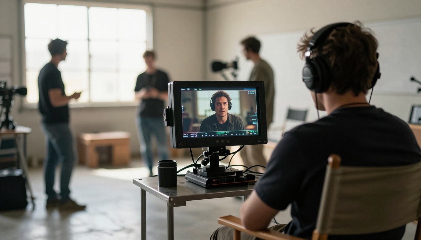 A film director watching an actor's close-up on a field monitor