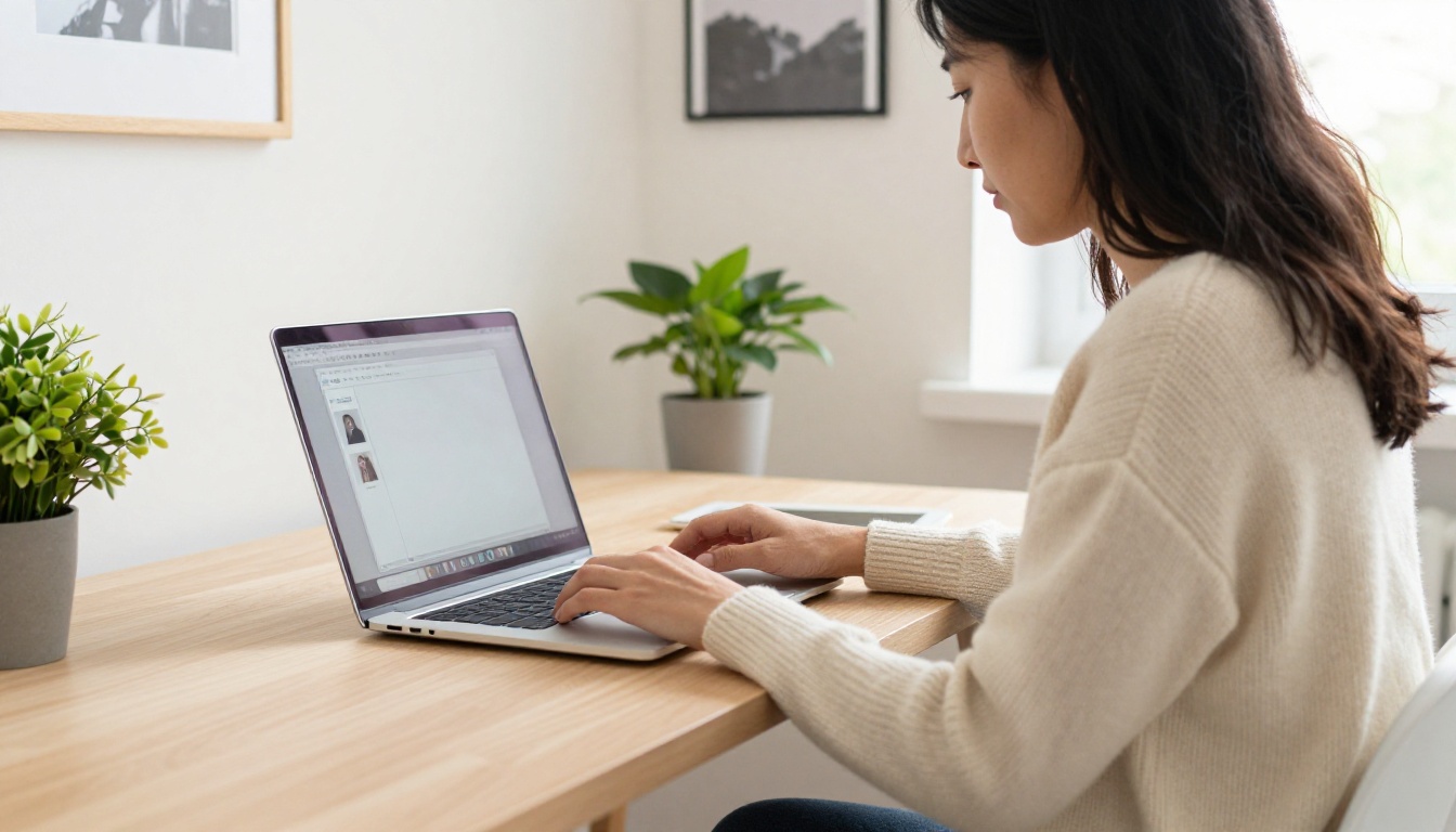 A woman uploading a video file and reference photos on her laptop at a home desk