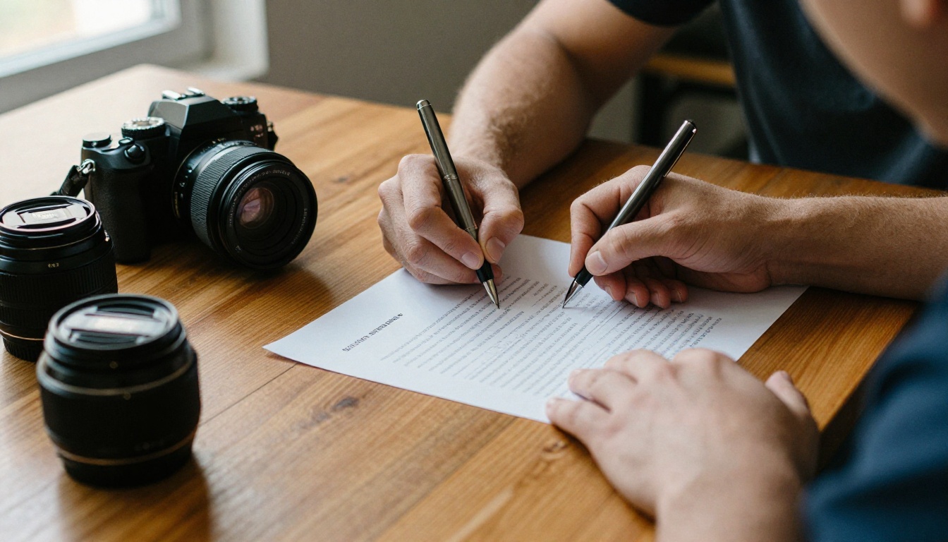 Two people signing a paper release form next to a camera