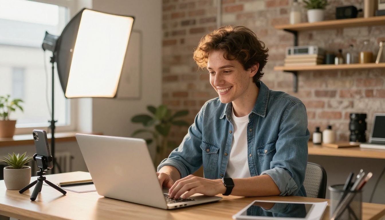 A smiling creator reviewing a finished clip on her laptop in a sunlit studio