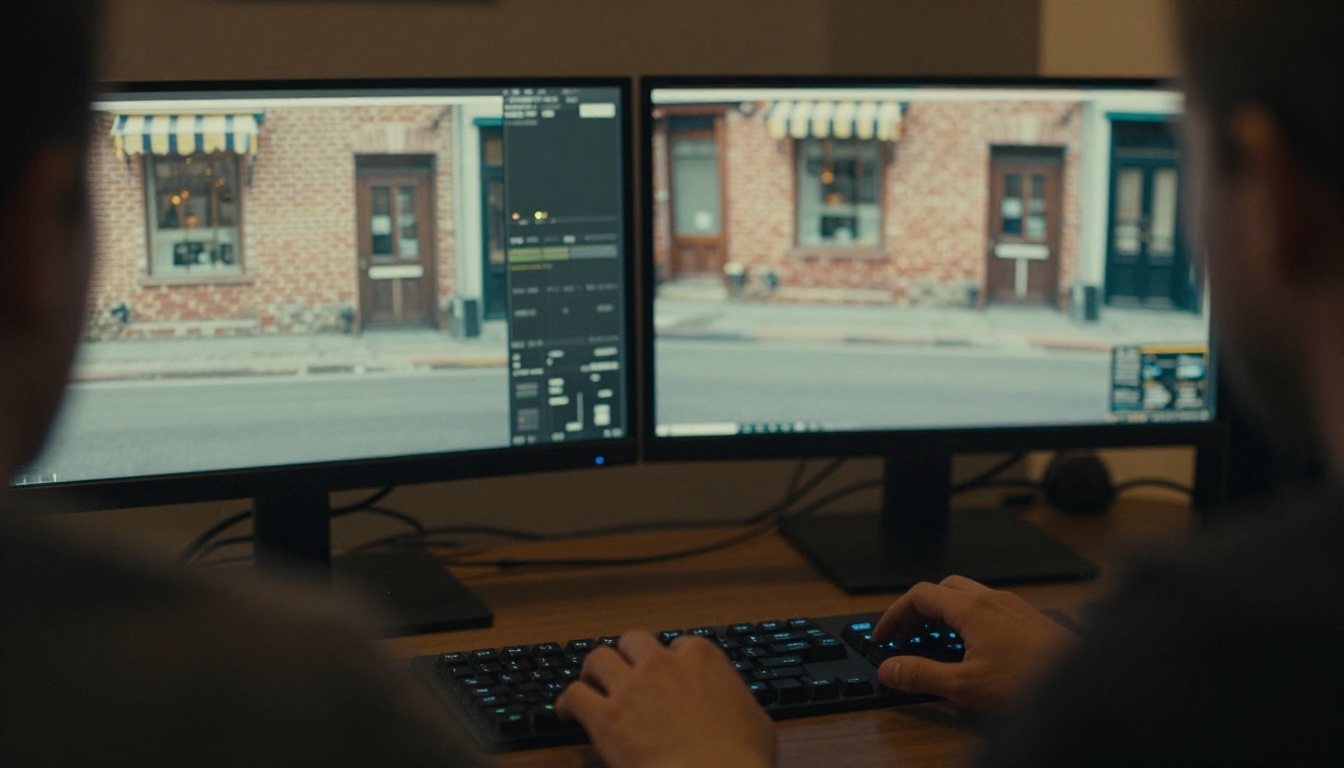 Colorist comparing a soft and a sharp version of the same seaside street clip on two monitors