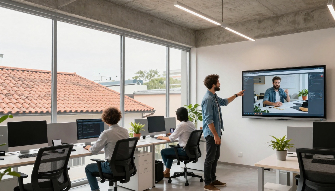 Product designer and colleague reviewing footage on a large monitor in a bright office