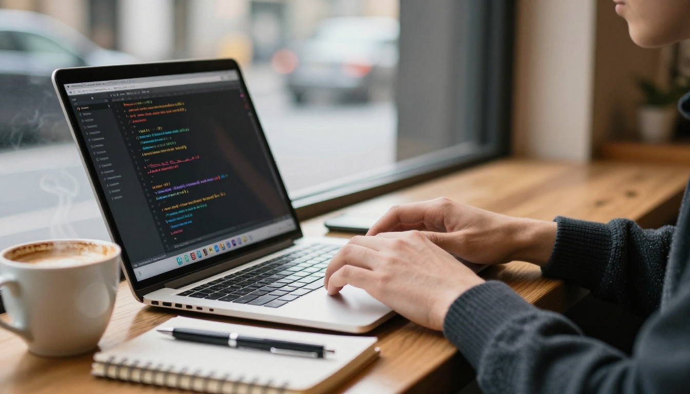 Developer typing at a cafe window table with a blurred code editor on a laptop