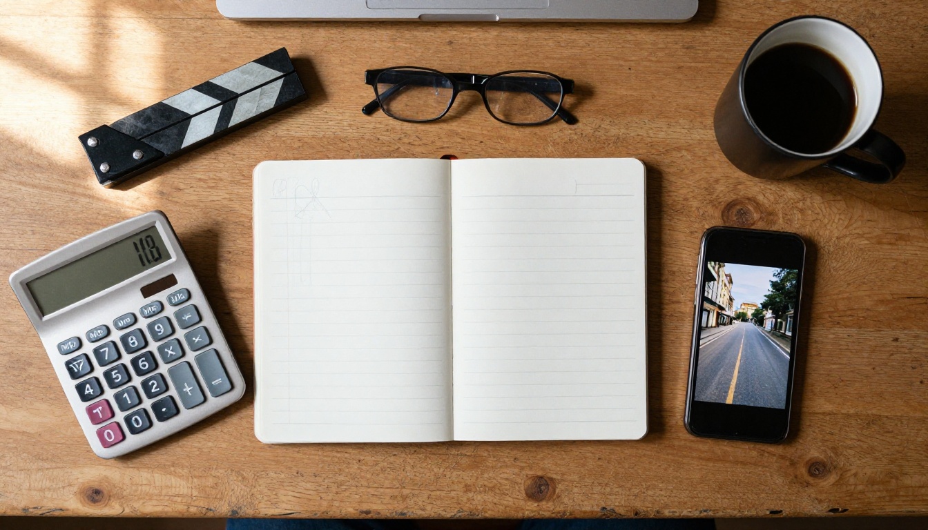 Flat lay of a calculator, notepad, clapperboard, and smartphone on an oak desk