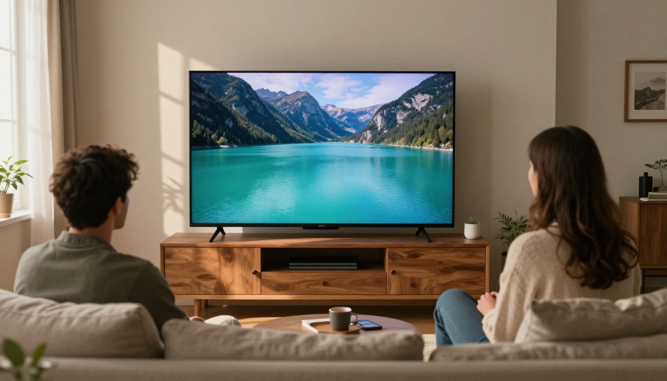 Television showing a sharp aerial mountain lake view in a cozy living room