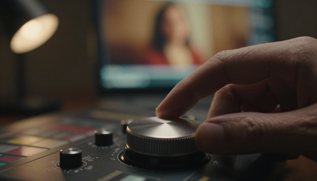 Hand turning a brushed aluminium dial on a color grading panel