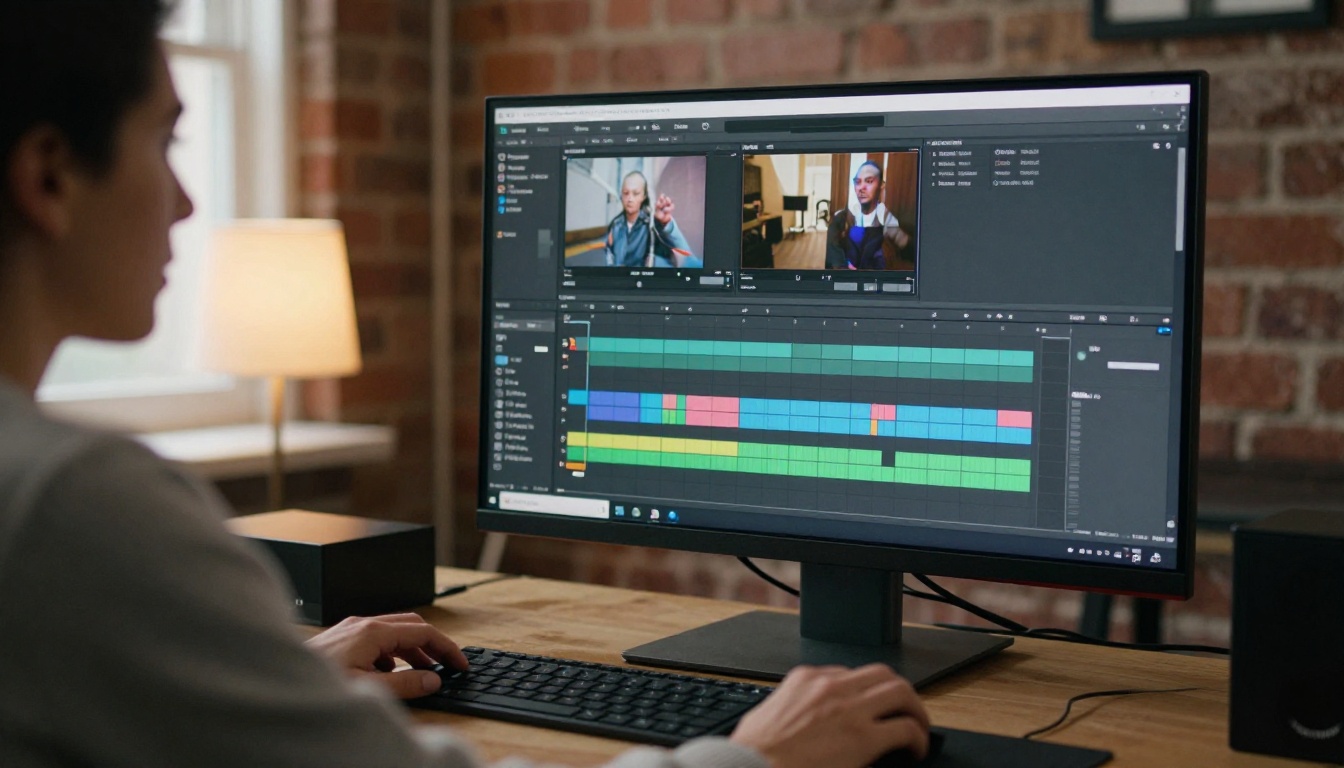 Video editor reviewing a multi-track timeline in a brick-walled studio