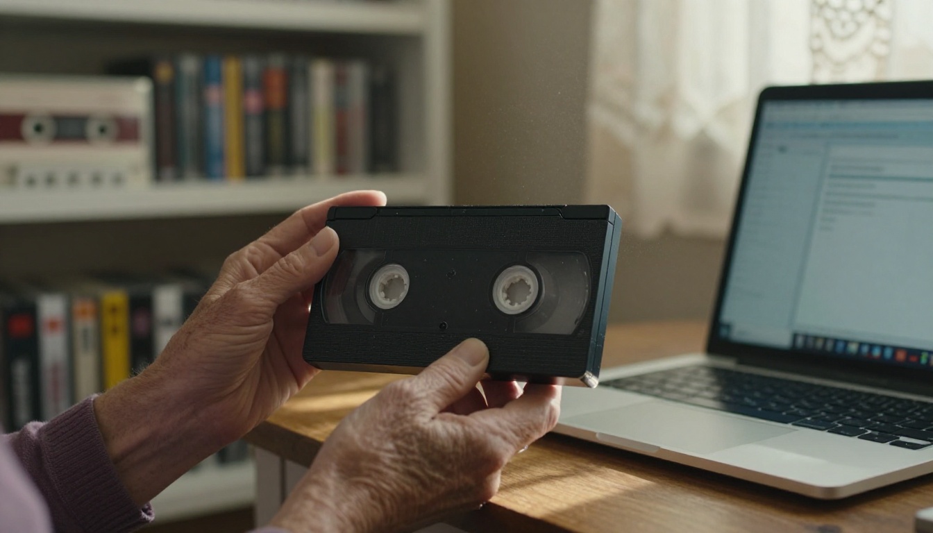 Elderly hands holding a VHS family tape beside a shelf of cassettes and a laptop