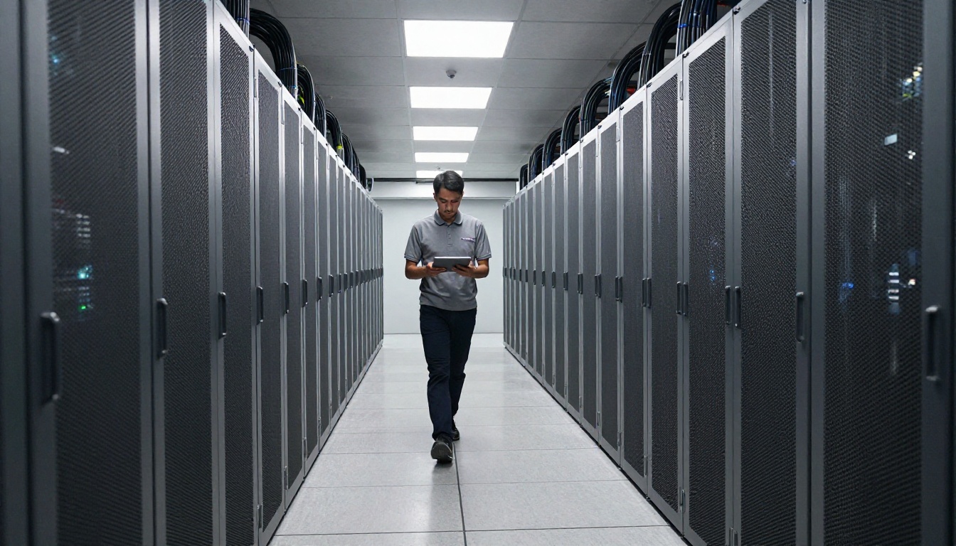 Aisle of grey server cabinets in an ordinary data centre