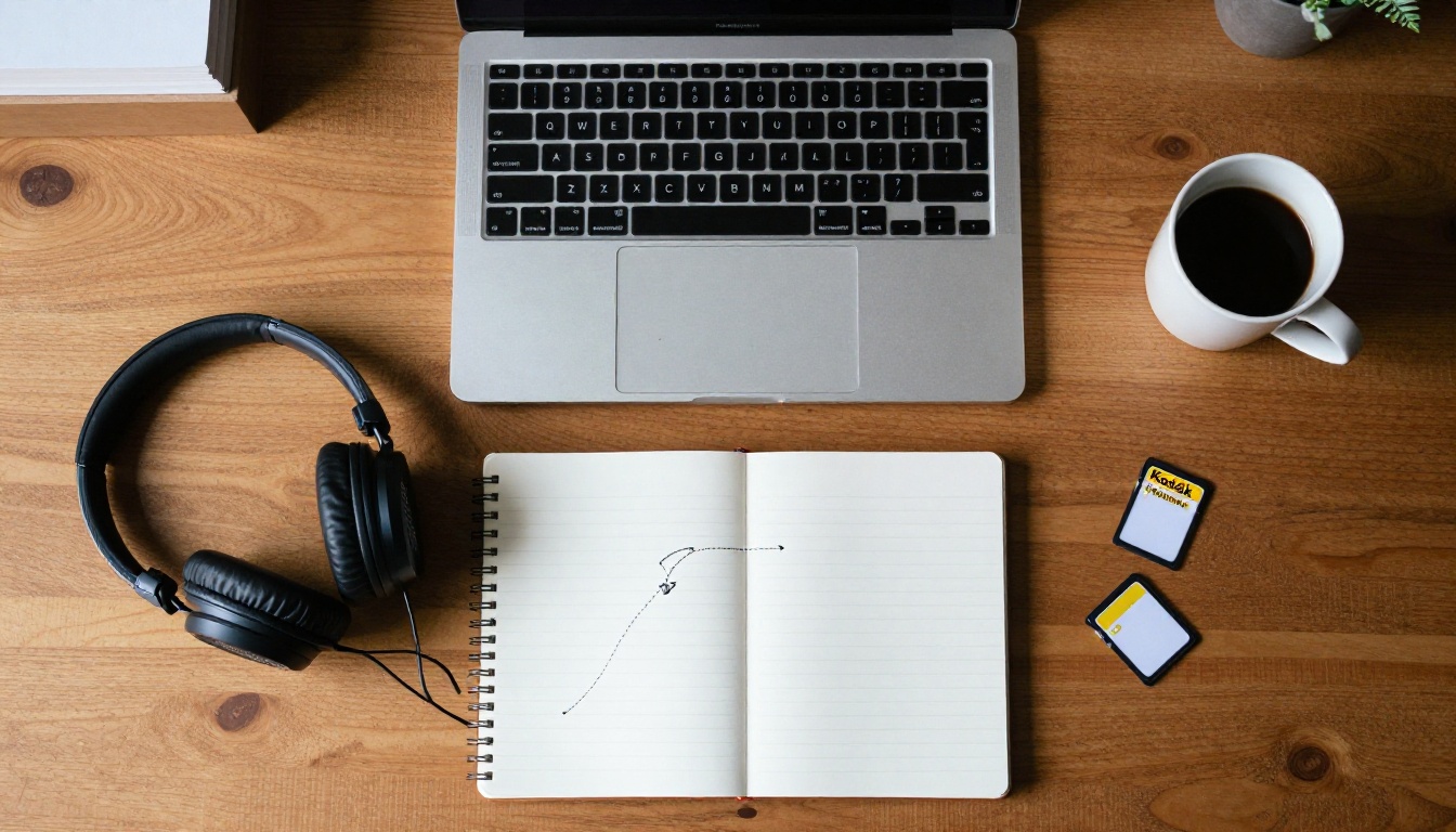 Overhead view of a desk with a laptop, notebook and memory cards