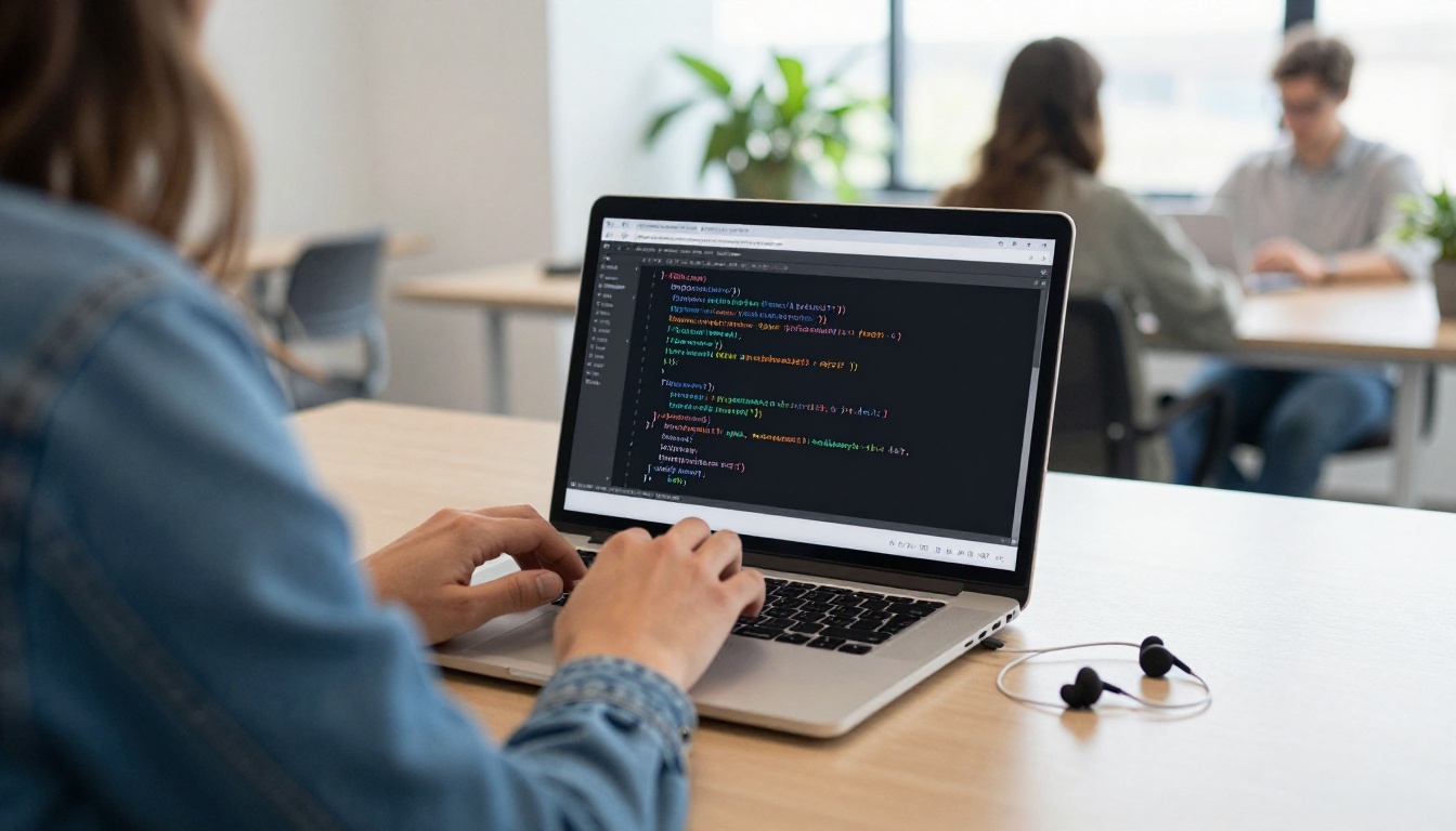 Developer typing Python code in a coworking space