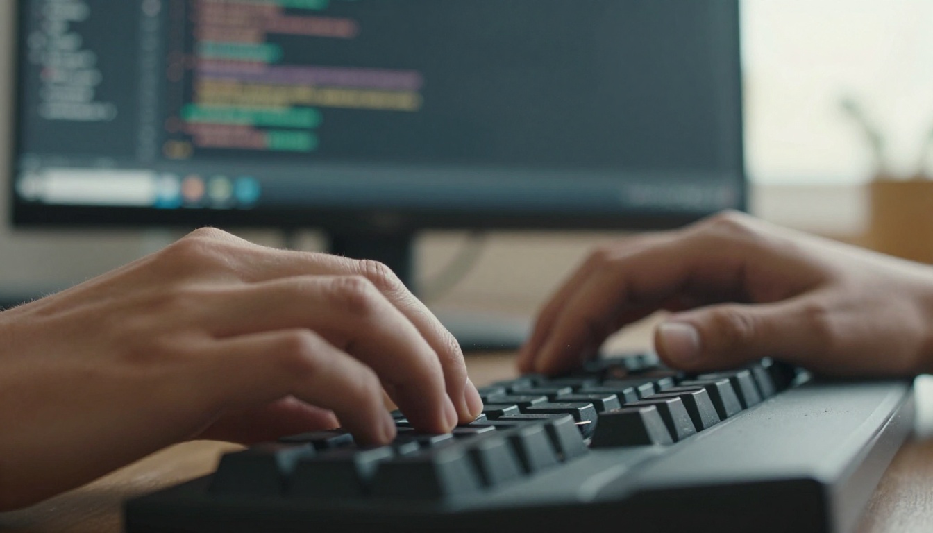 Developer's hands typing at a workstation with code on a blurred monitor