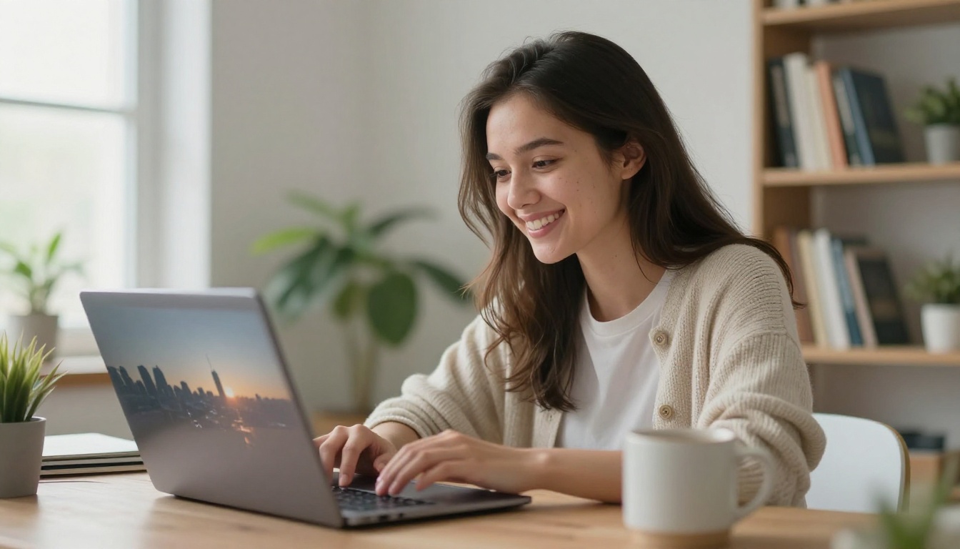 Smiling creator at a home studio desk looking at a sharp video frame on a laptop