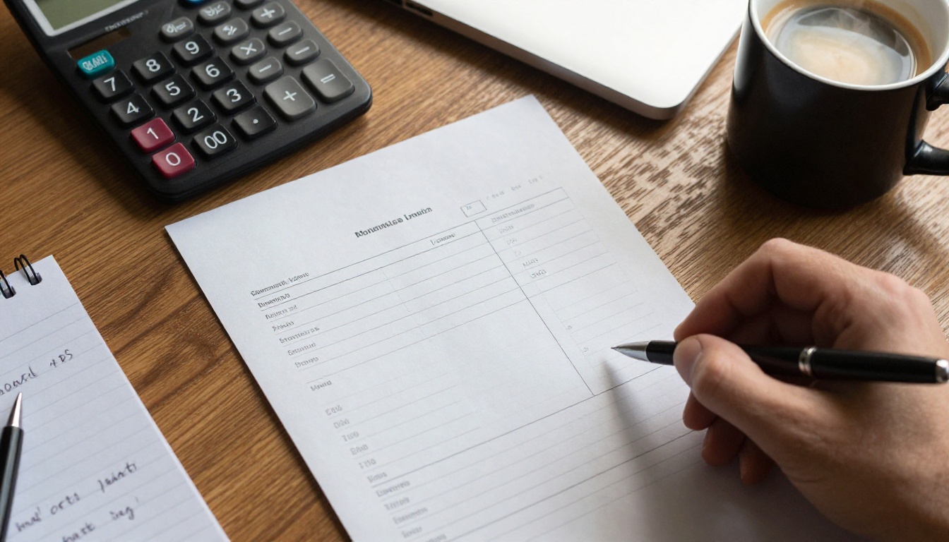Printed invoice, calculator and espresso on a wooden desk