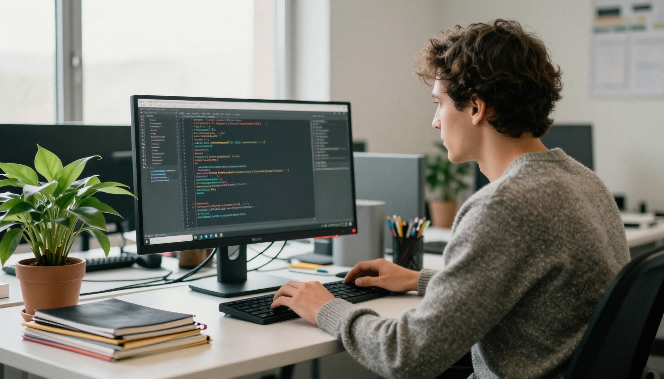 Developer in profile at a standing desk working on code