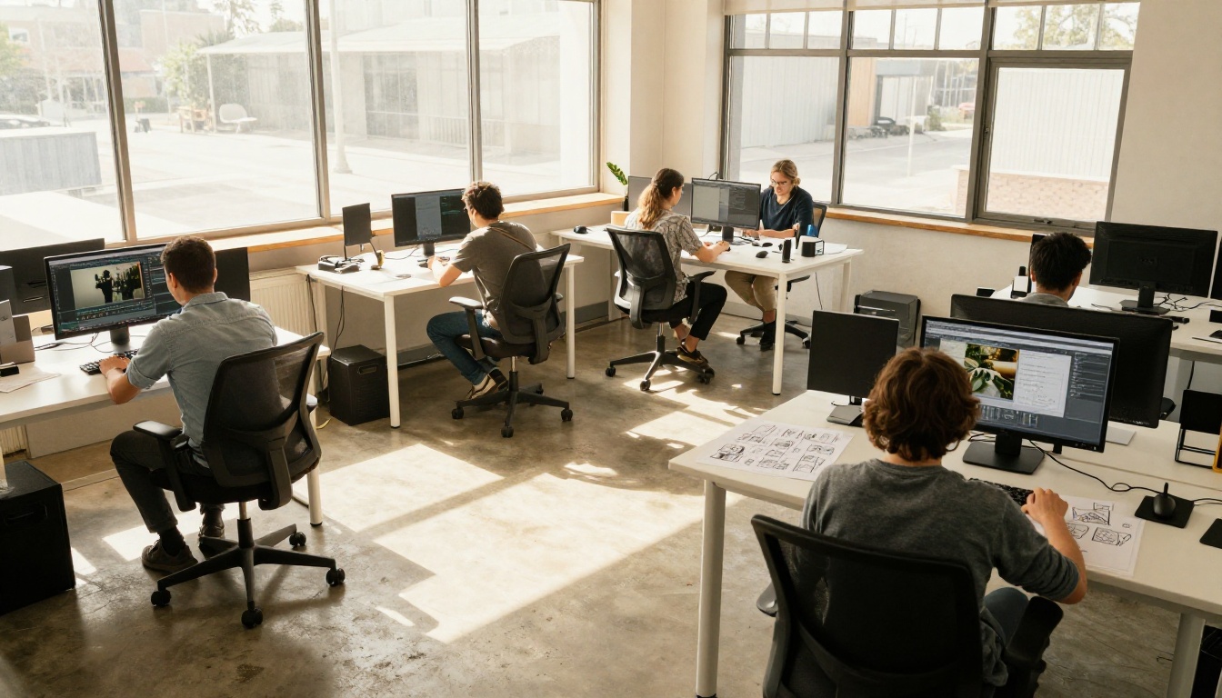 Open-plan creative studio seen from above with people editing video