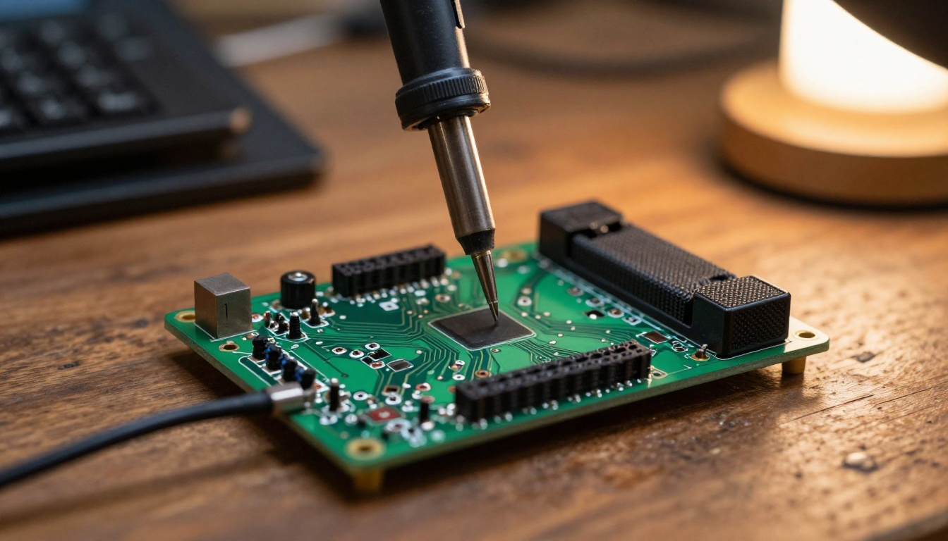Raspberry Pi connected to a small speaker on a workbench