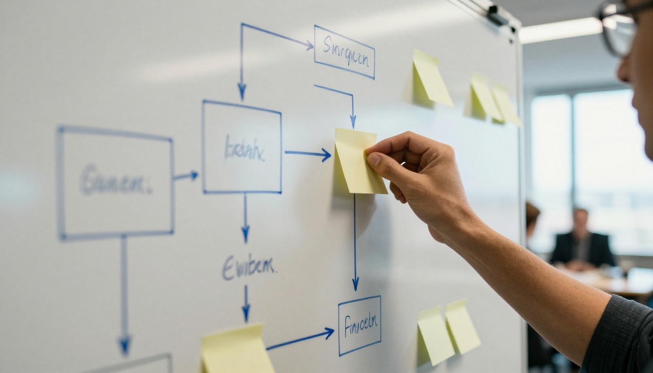 Product manager adding a sticky note to a workflow whiteboard