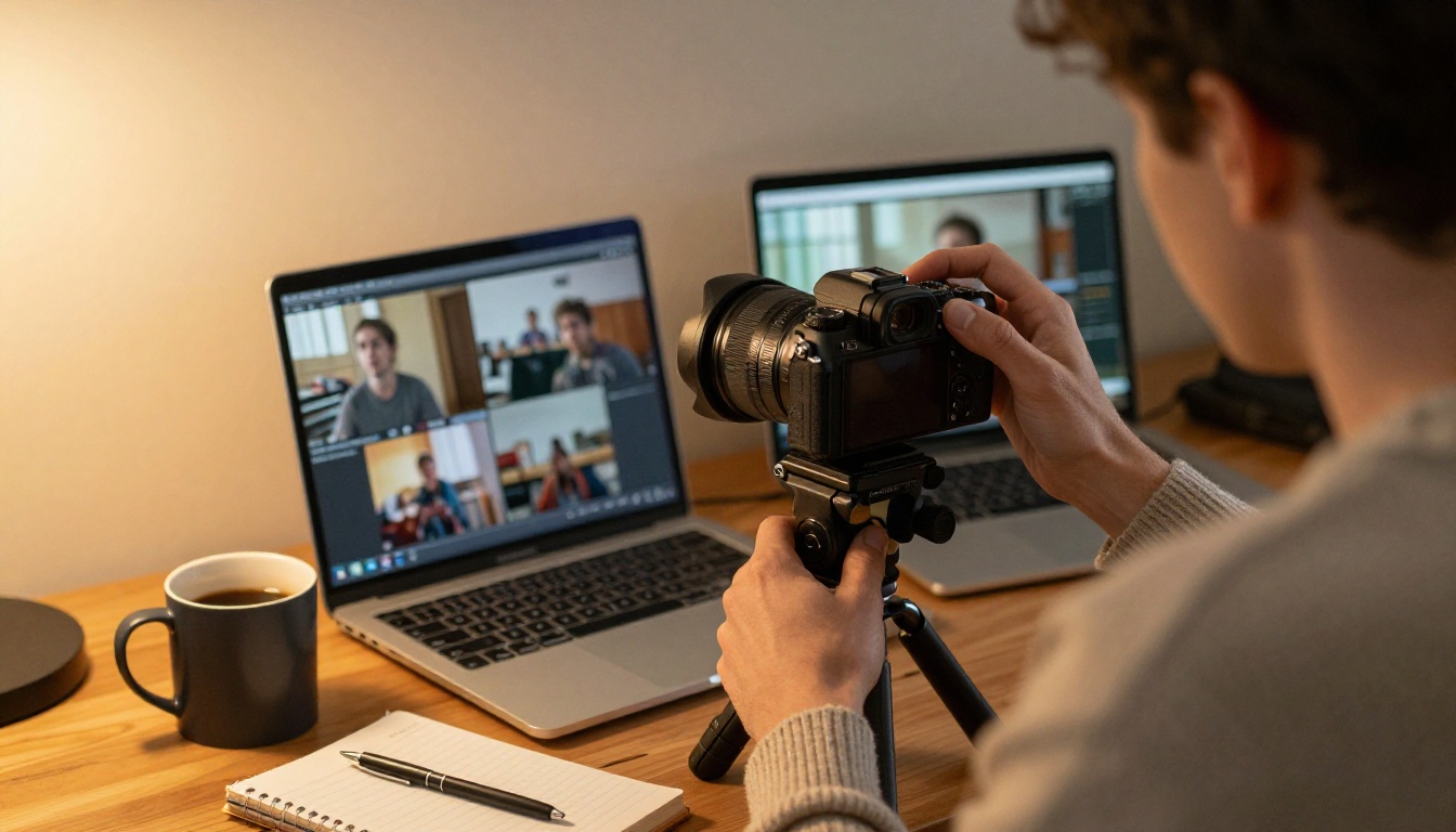 Freelance video creator checking a clip next to a mirrorless camera