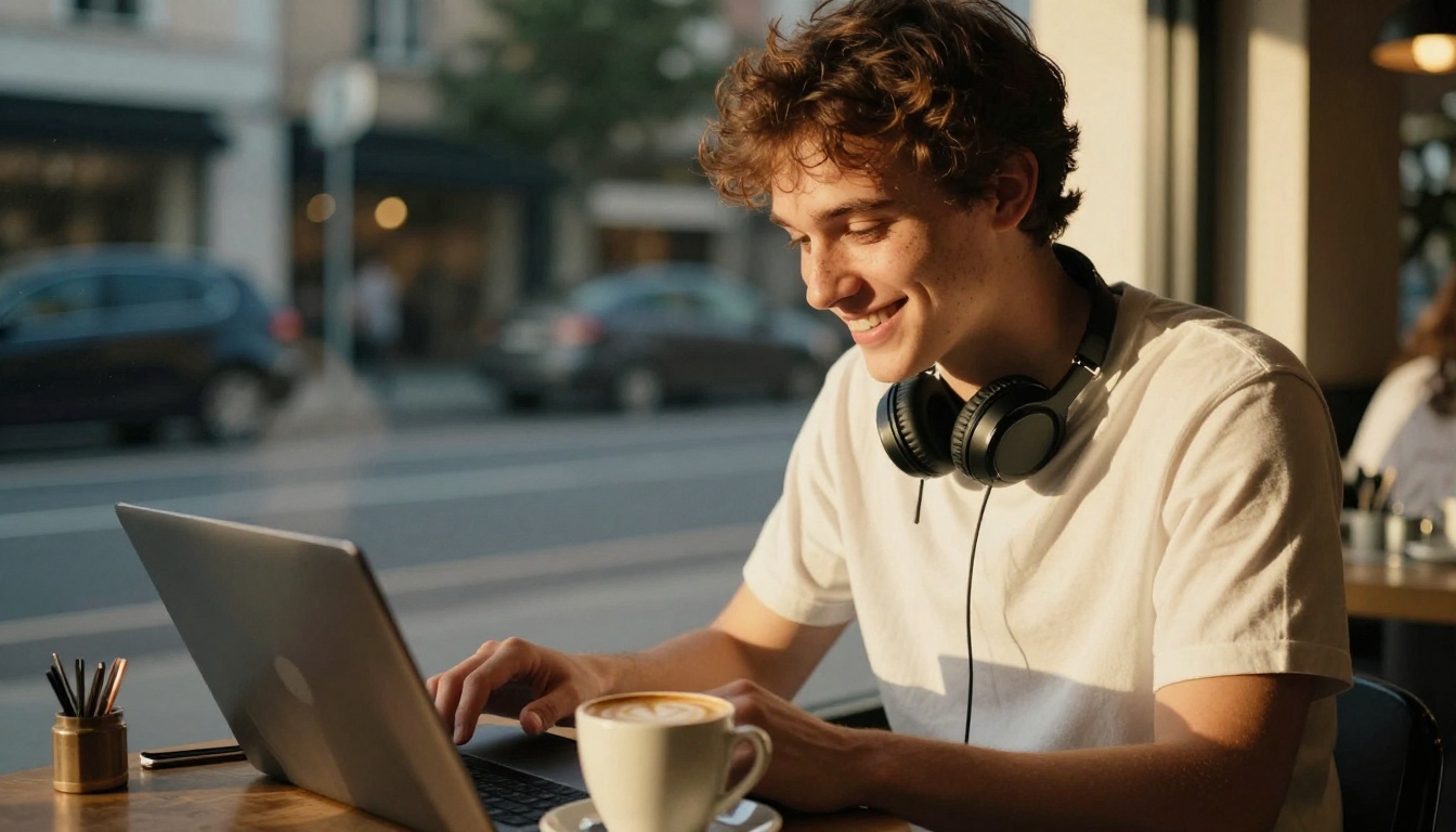 Professional at a cafe window table with a laptop and headphones