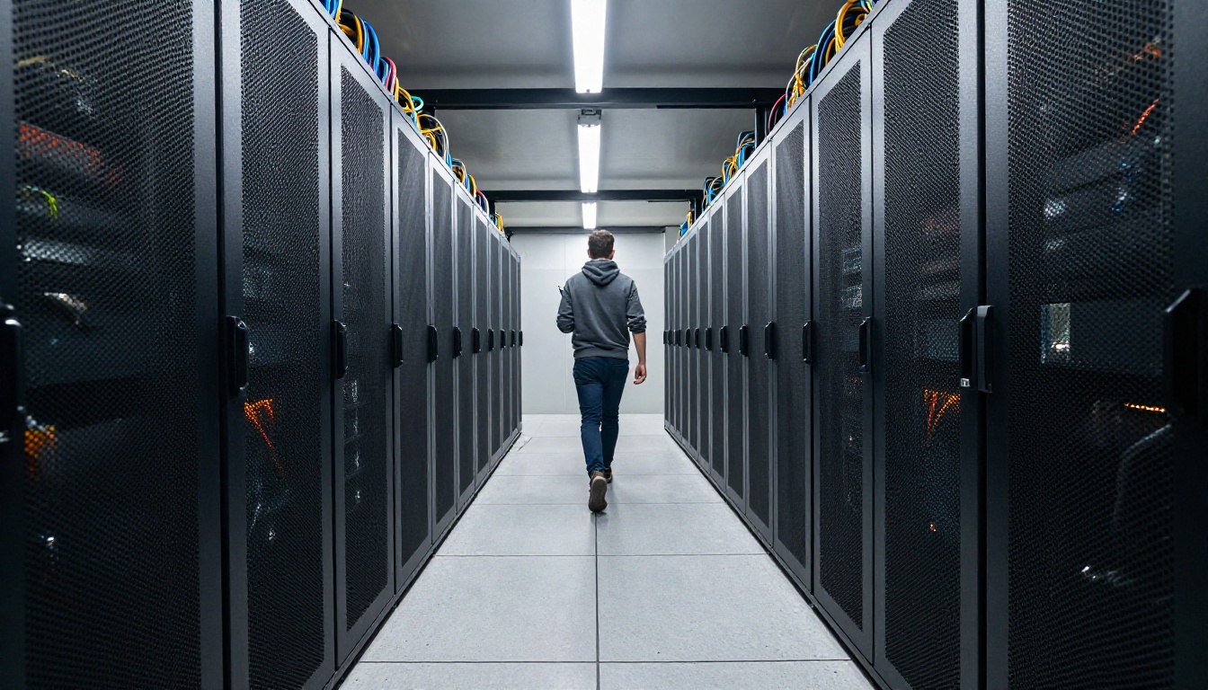 Technician walking through a data center aisle