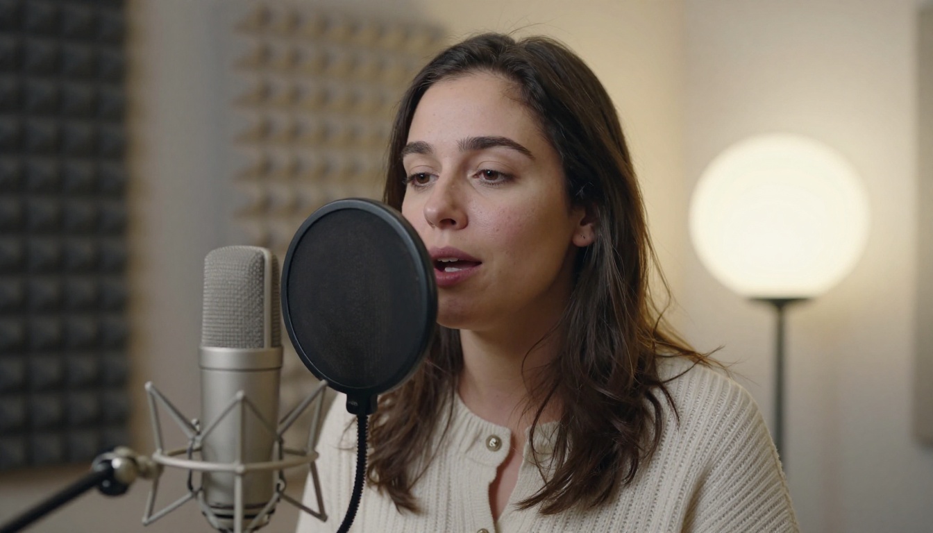 Woman recording a voiceover with a condenser microphone