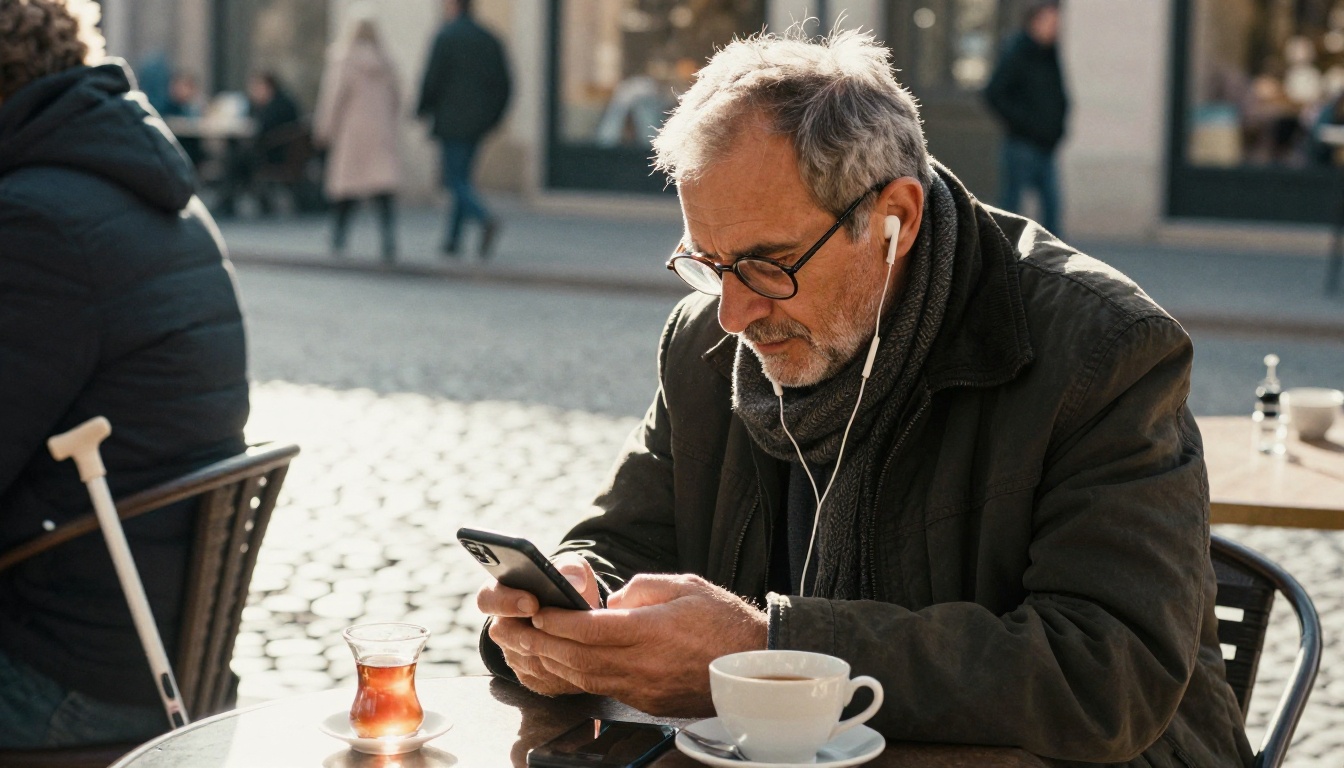 Man listening to audio on a smartphone at a cafe terrace
