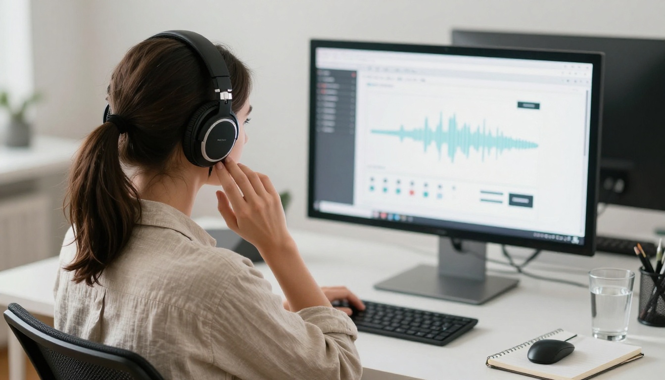 Woman adjusting audio settings on a monitor in a bright studio