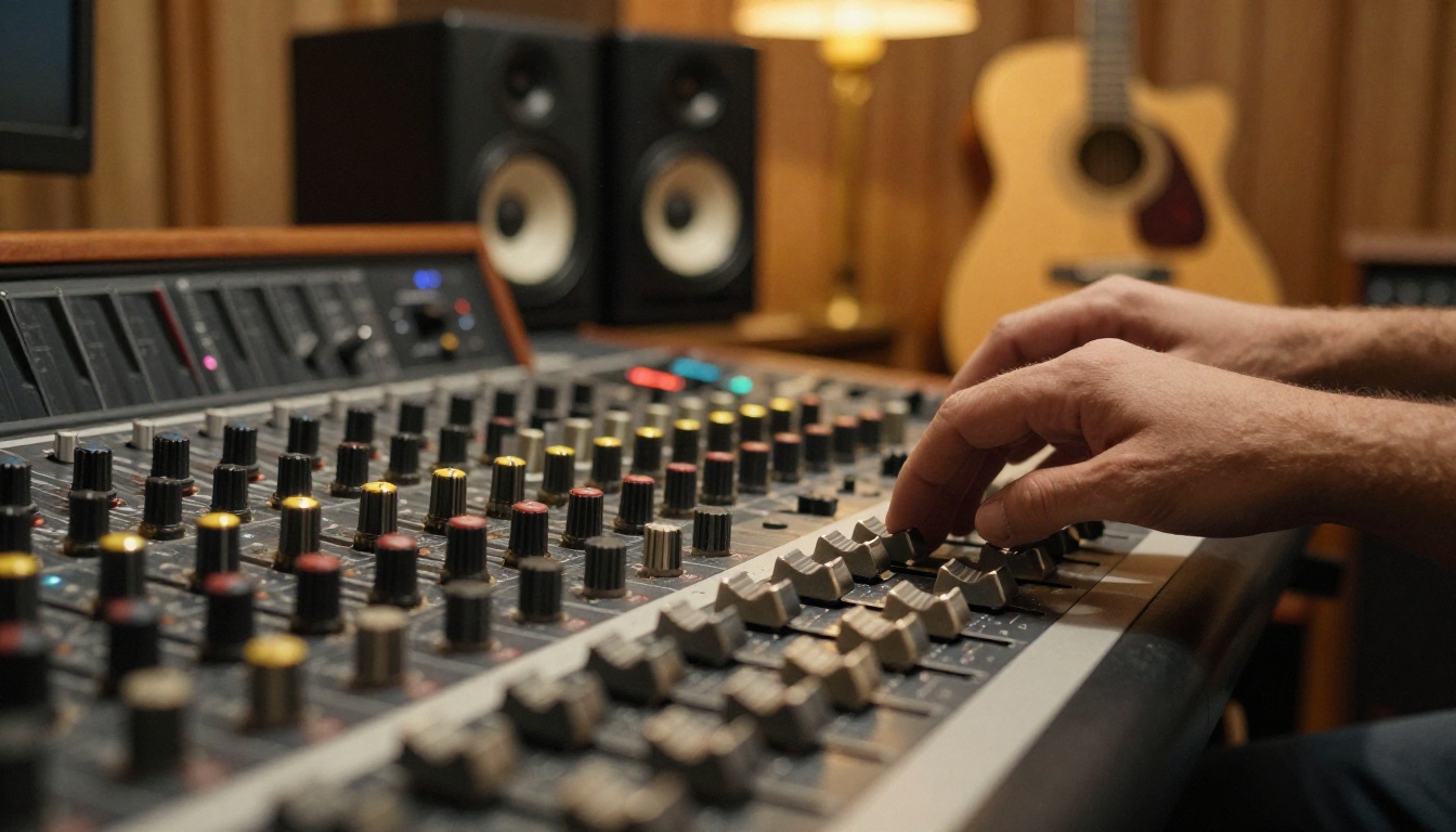 Musician's hands on an analog mixing console