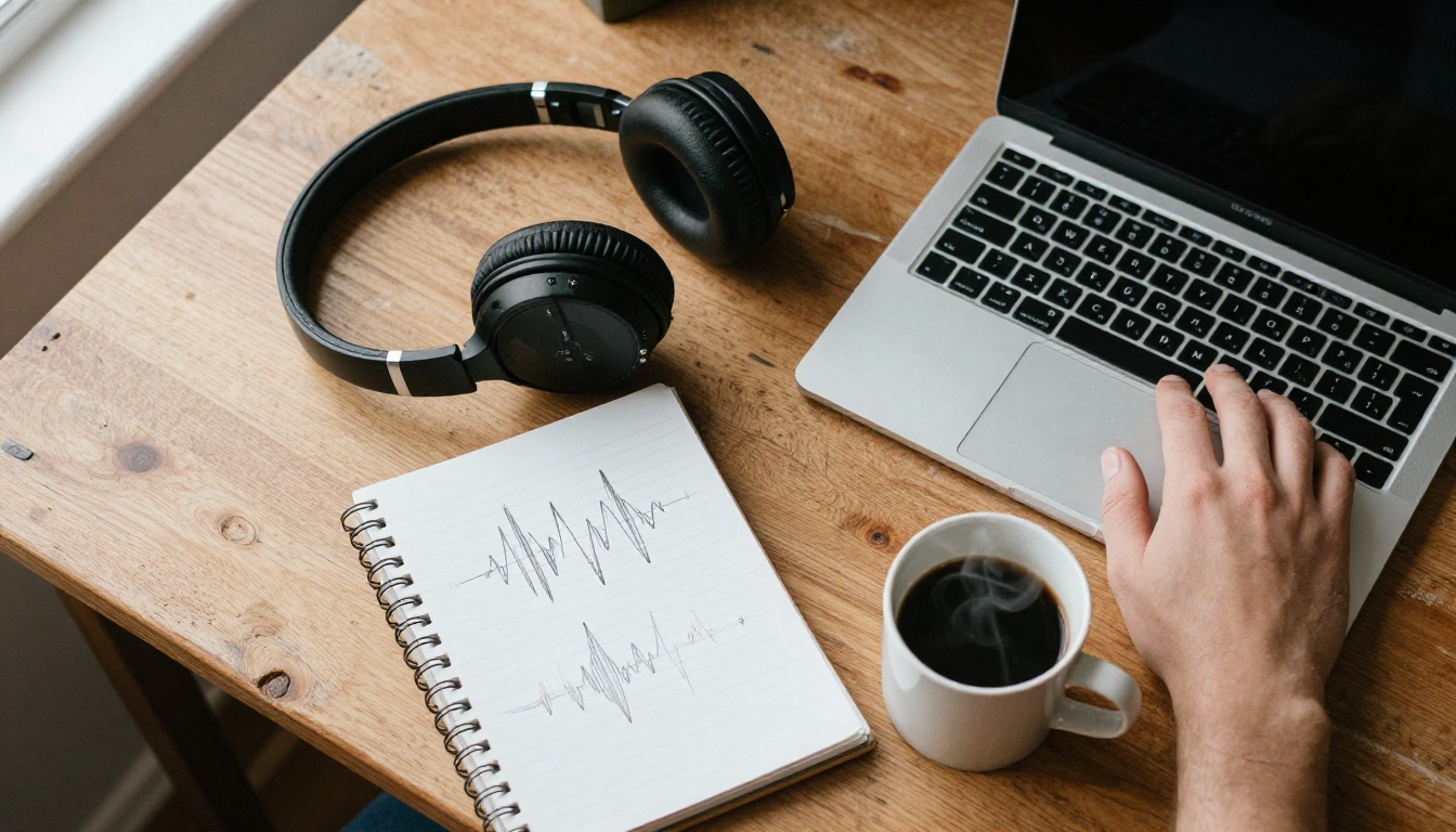 Developer desk with laptop, headphones and a notebook of sound wave sketches