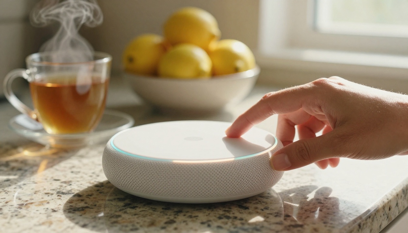Fingertips reaching for a smart speaker on a kitchen counter
