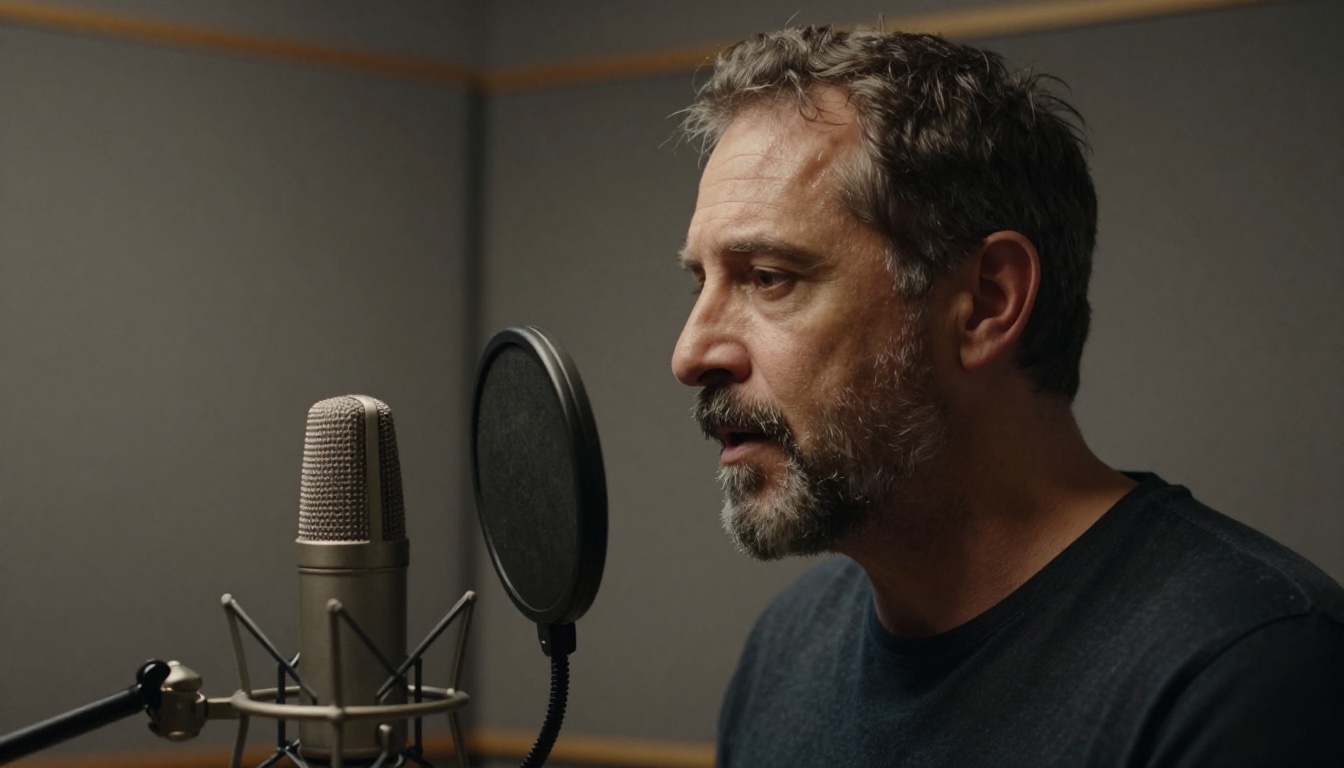 Voice actor in profile speaking into a condenser microphone inside a vocal booth