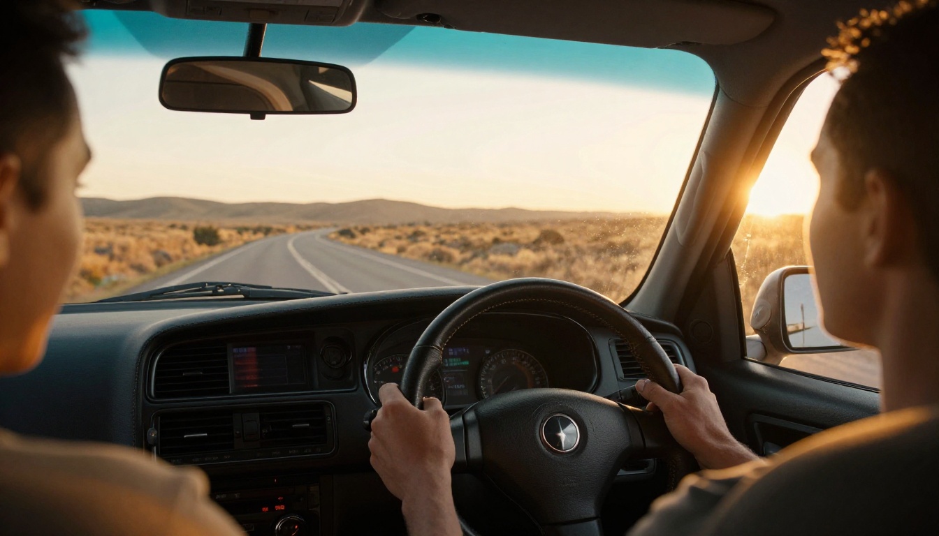 Driver's hands on a steering wheel at golden hour with a blurred dashboard display