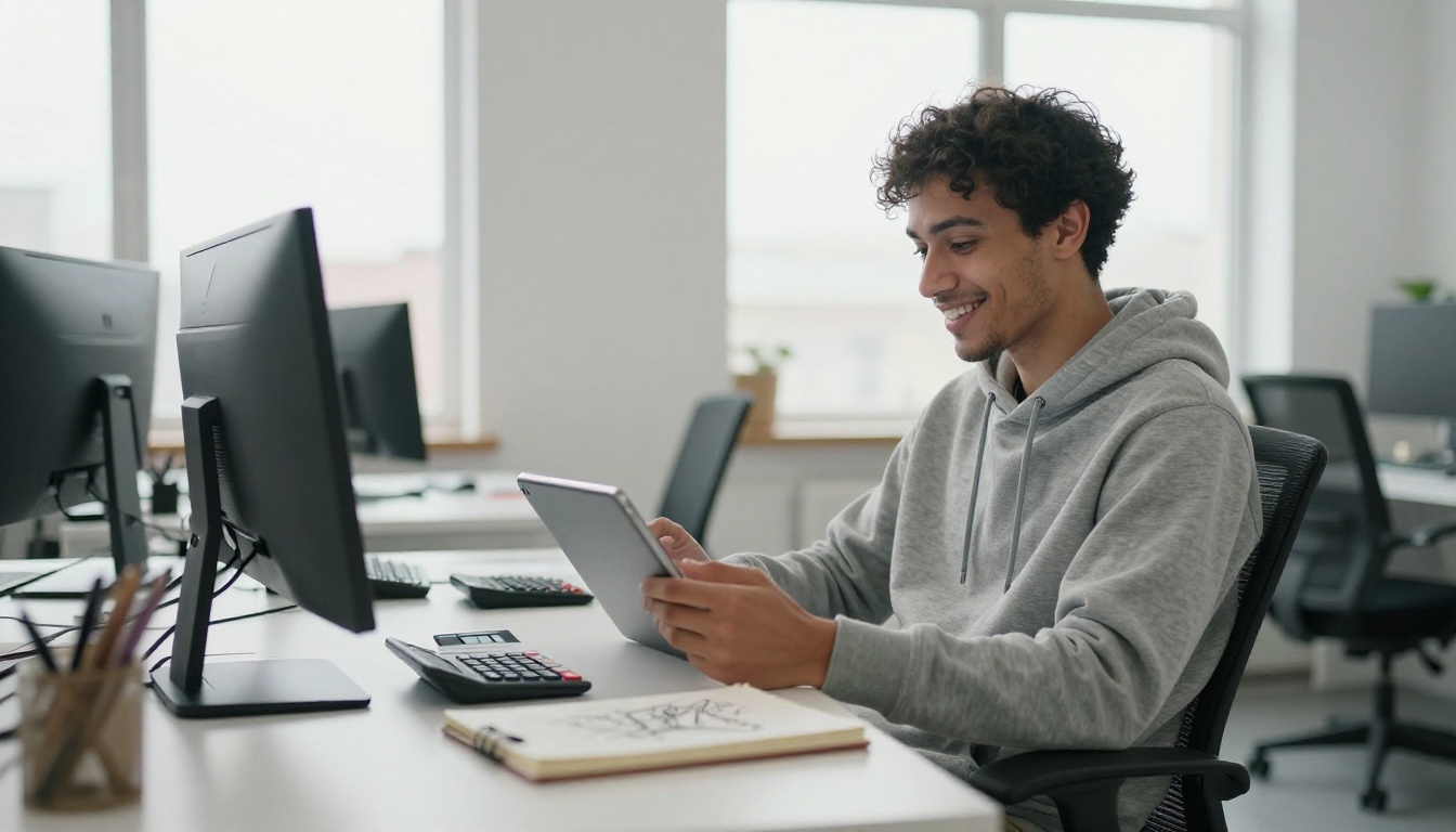 Indie developer in a bright loft office smiling at a tablet next to a calculator