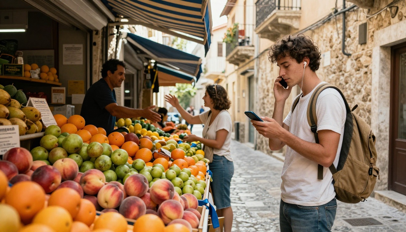 Traveler on a Mediterranean market street holding a phone near her ear