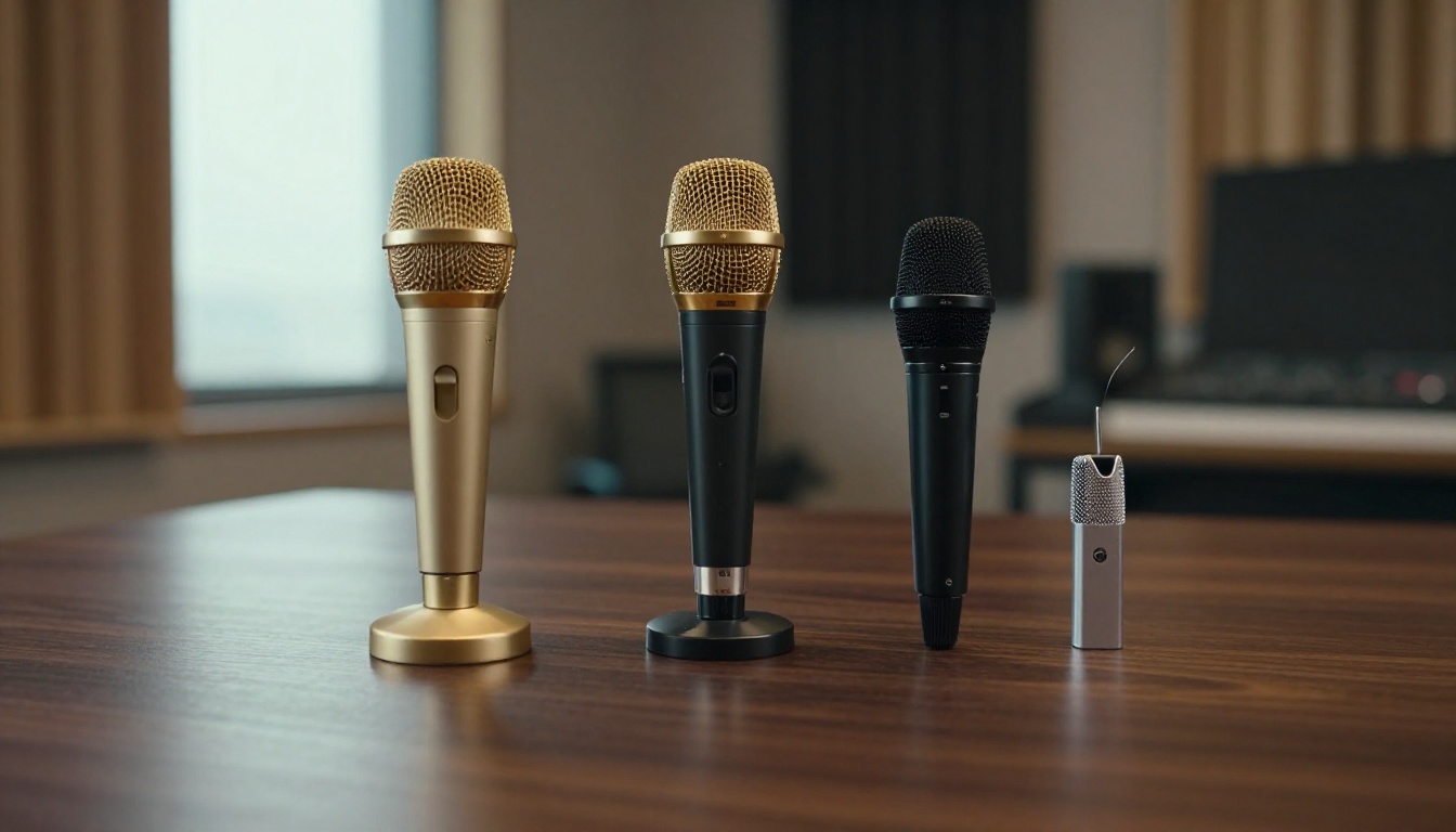 Three different microphones lined up on a walnut table