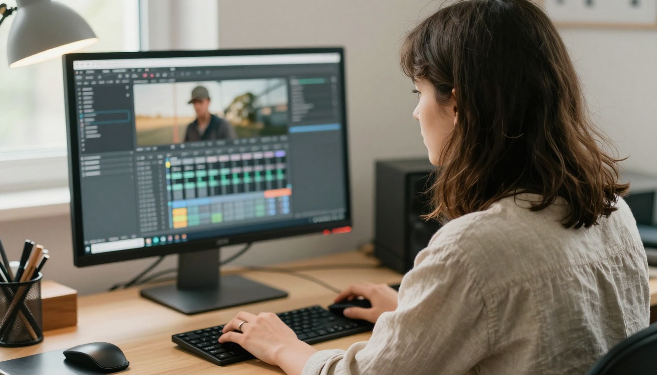 Woman working at a large monitor showing an audio settings panel with sliders