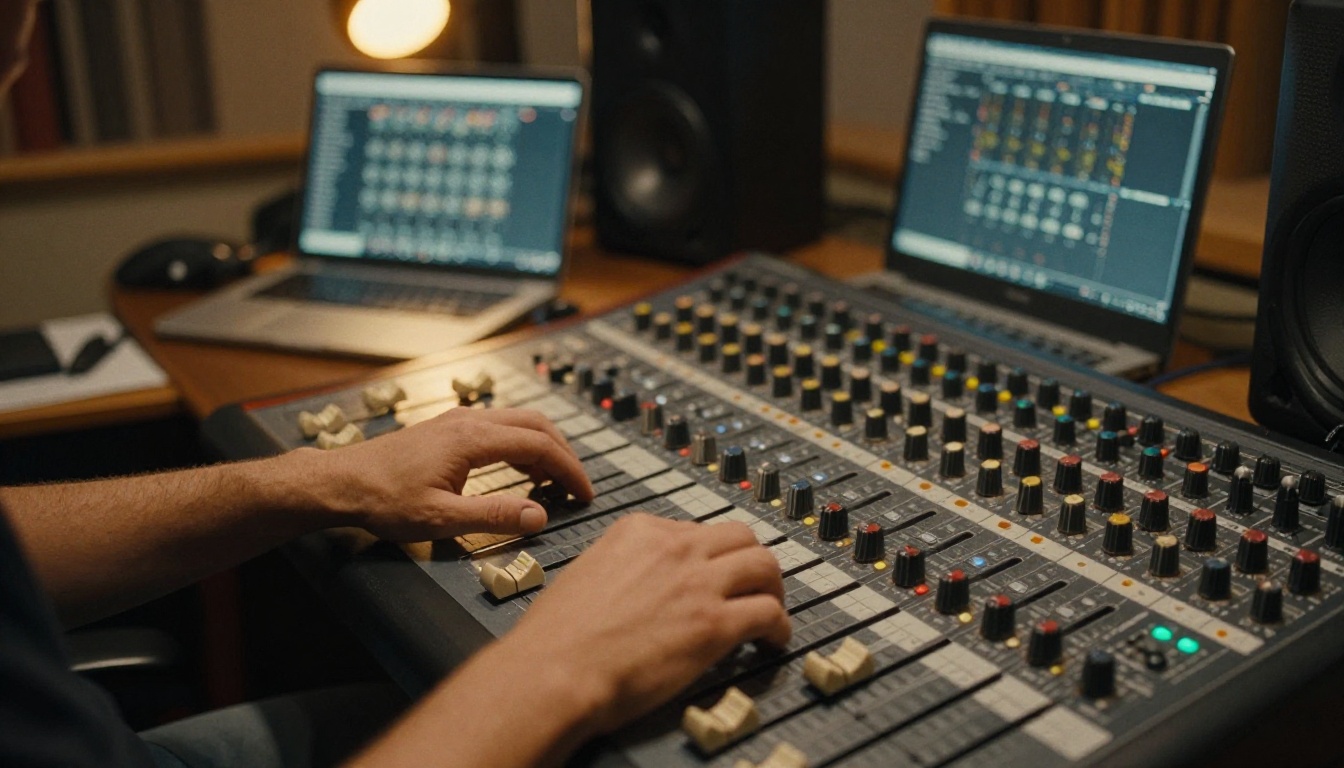 Sound engineer's hands on the faders of an analog mixing console
