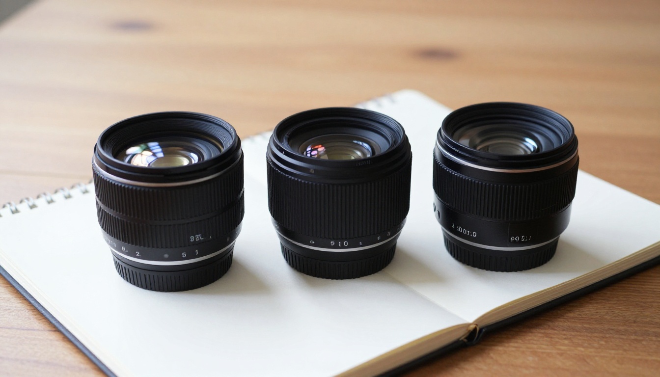 Three camera lenses lined up on a maple table beside a notebook