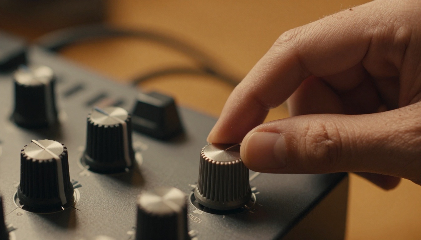 Hand turning a brushed aluminum knob on a compact audio interface Hand turning a brushed aluminum knob on a compact audio interface