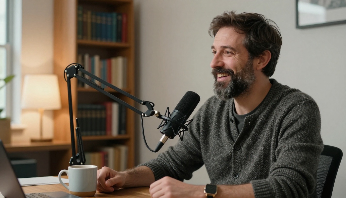 Podcast host laughing into a black dynamic microphone in a room full of bookshelves Podcast host laughing into a black dynamic microphone in a room full of bookshelves