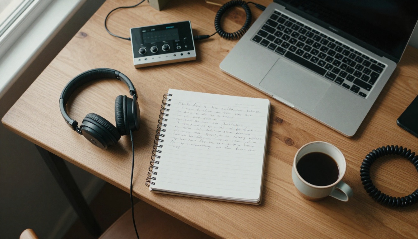 Overhead view of a wooden desk with headphones, a notebook, a laptop and an audio interface Overhead view of a wooden desk with headphones, a notebook, a laptop and an audio interface