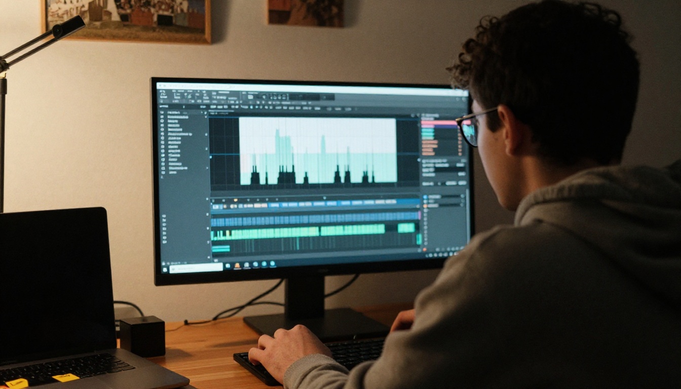 Young man editing an audio waveform on a wide monitor in a dim home office Young man editing an audio waveform on a wide monitor in a dim home office