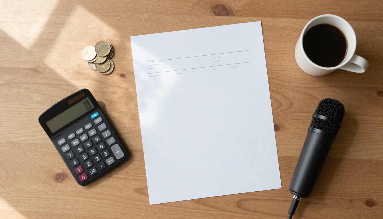 Overhead view of a walnut desk with a calculator, a blank invoice, coins and a condenser microphone, used to budget text-to-speech costs